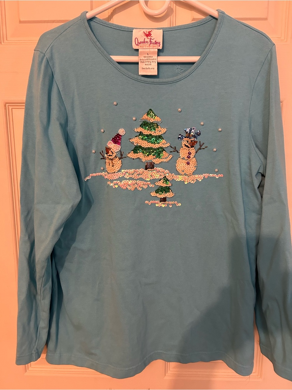 Quacker Factory Light Blue Sequin Snowman & Tree Long Sleeve Tee **Read below**